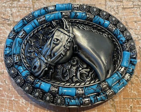 Horse head & beads metal belt buckle BK47