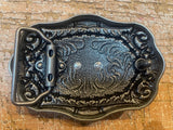 Twin buffalo skull metal belt buckle BK87