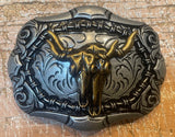 Twin buffalo skull metal belt buckle BK87