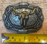 Twin buffalo skull metal belt buckle BK87
