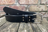 Plain leather 32mm wide belt with metal buckle. Choice of 13 colours BM1