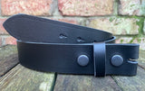 Plain leather 19mm-50mm wide press stud/snap belt with black steel studs. Choice of 13 colours.