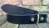Plain leather 19mm-50mm wide press stud/snap belt with brass plated steel studs. Choice of 13 colours.