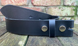 Plain leather 19mm-50mm wide press stud/snap belt with brass plated steel studs. Choice of 13 colours.