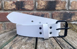 Plain leather 19mm-50mm wide belt with black single roller buckle. Choice of 13 colours