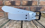 Plain leather 19mm-50mm wide belt with black single roller buckle. Choice of 13 colours