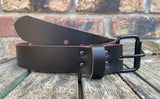 Plain leather 19mm-50mm wide belt with black single roller buckle. Choice of 13 colours