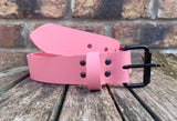 Plain leather 19mm-50mm wide belt with black single roller buckle. Choice of 13 colours
