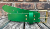 Plain leather 19mm-50mm wide belt with solid brass single roller buckle. Choice of 13 colours