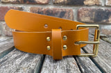 Plain leather 19mm-50mm wide belt with solid brass single roller buckle. Choice of 13 colours
