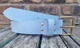 Plain leather 19mm-50mm wide belt with solid brass single roller buckle. Choice of 13 colours