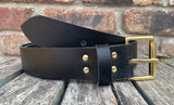 Plain leather 19mm-50mm wide belt with solid brass single roller buckle. Choice of 13 colours