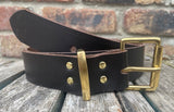 Plain leather 19mm-50mm wide belt with solid brass single roller buckle. Choice of 13 colours