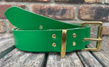 Plain leather 19mm-50mm wide belt with solid brass single roller buckle. Choice of 13 colours