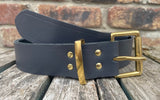Plain leather 19mm-50mm wide belt with solid brass single roller buckle. Choice of 13 colours