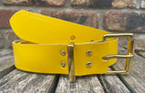 Plain leather 19mm-50mm wide belt with solid brass single roller buckle. Choice of 13 colours