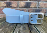 Plain leather 38mm wide belt with pewter rectangle buckle. Choice of 13 colours
