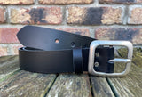 Plain leather 38mm wide belt with pewter rectangle buckle. Choice of 13 colours