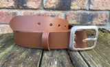 Plain leather 38mm wide belt with pewter rectangle buckle. Choice of 13 colours