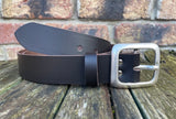Plain leather 38mm wide belt with pewter rectangle buckle. Choice of 13 colours