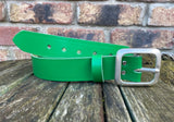 Plain leather 38mm wide belt with pewter rectangle buckle. Choice of 13 colours