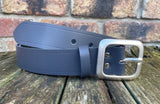 Plain leather 38mm wide belt with pewter rectangle buckle. Choice of 13 colours