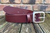 Plain leather 38mm wide belt with pewter rectangle buckle. Choice of 13 colours