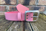 Plain leather 38mm wide belt with pewter rectangle buckle. Choice of 13 colours