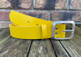 Plain leather 38mm wide belt with pewter rectangle buckle. Choice of 13 colours