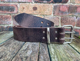 Dark Brown 2 Pronged Buffalo Distressed Worn Look Leather Belt. 1 1/2" or 2" wide.