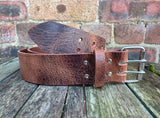 Tan 2 Pronged Buffalo Distressed Worn Look Leather Belt. 1 1/2" or 2" wide.