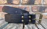 Crocodile skin look buffalo leather belt & antique brass look steel roller buckle. Choice of width & colour.