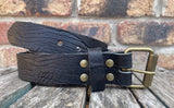 Crocodile skin look buffalo leather belt & antique brass look steel roller buckle. Choice of width & colour.