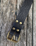 Crocodile skin look buffalo leather belt & antique brass look steel roller buckle. Choice of width & colour.
