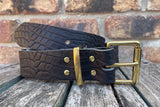 Black crocodile skin look buffalo leather belt & solid brass roller buckle. Choice of width