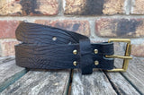 Black crocodile skin look buffalo leather belt & solid brass roller buckle. Choice of width