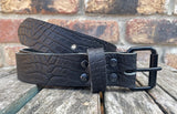 Crocodile skin look buffalo leather 19mm-50mm wide belt with black steel roller buckle. Choice of 5 colours