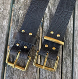 Black crocodile skin look buffalo leather belt & solid brass roller buckle. Choice of width