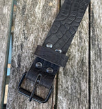 Crocodile skin look buffalo leather 19mm-50mm wide belt with black steel roller buckle. Choice of 5 colours