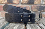 Black crocodile skin look buffalo leather belt & nickel plated Steel roller buckle. Choice of width