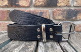 Crocodile skin look buffalo leather 19mm-50mm wide belt with with heavy duty nickel plated steel light roller buckle. Choice of 5 colours