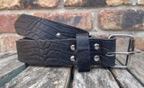 Crocodile skin look buffalo leather 19mm-50mm wide belt with with nickel plated steel light roller buckle. Choice of 5 colours