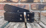 Crocodile skin look buffalo leather 19mm-50mm wide belt with with nickel plated steel light roller buckle. Choice of 5 colours