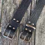 Black crocodile skin look buffalo leather belt & nickel plated Steel roller buckle. Choice of width