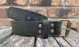 Crocodile skin look buffalo leather belt & antique brass look steel roller buckle. Choice of width & colour.