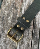 Crocodile skin look buffalo leather belt & antique brass look steel roller buckle. Choice of width & colour.