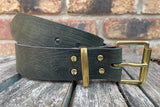Green crocodile skin look buffalo leather belt & solid brass roller buckle. Choice of width