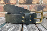 Green crocodile skin look buffalo leather belt & solid brass roller buckle. Choice of width