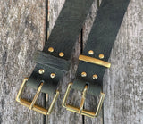Green crocodile skin look buffalo leather belt & solid brass roller buckle. Choice of width