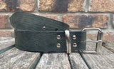 Green crocodile skin look buffalo leather belt & nickel plated Steel roller buckle. Choice of width